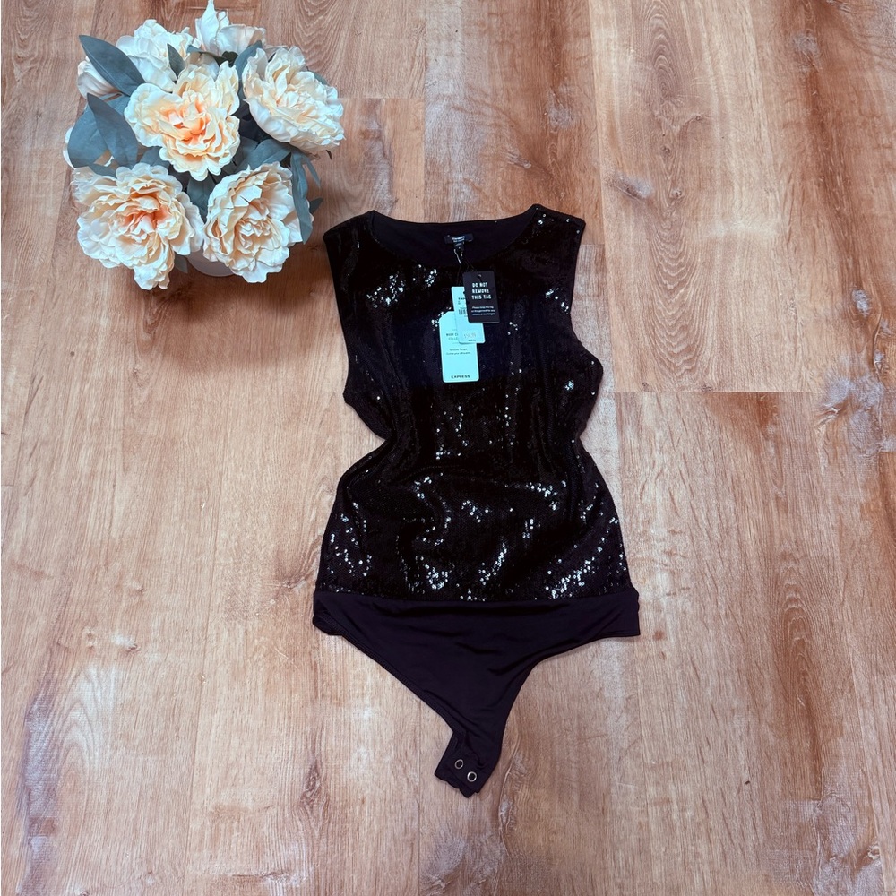 Express Black Sequin Sleeveless Bodysuit